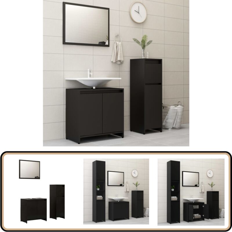 Ensemble de meubles de salle de bain 3 pcs Noir Aggloméré - Meuble De Salle De Bain - Ensemble Meuble Salle De Bain - Armoire Salle De Bain - Miroir