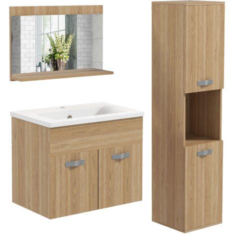 Ensemble de Meubles de Salle de Bain 4 Pièces, Mural, avec Miroir, Meuble sous Vasque, Lavabo et Armoire Haute, Naturel