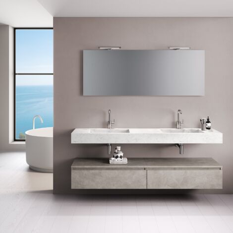 Ensemble de meubles de salle de bain 7 pièces – Top en hpl laminé effet marbre – Double vasque intégrée – Miroir réversible avec éclairage LED – Tft Home Furniture