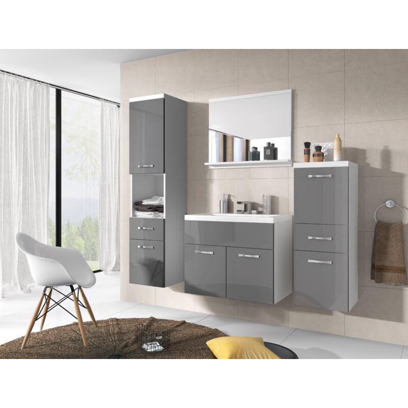Bratex - Ensemble de meubles de salle de bain alba, ensemble de meubles de salle de bain, lavabo inclus, couleur blanc/gris brillant