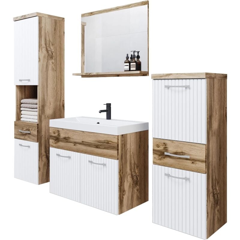 Ensemble de meubles de salle de bain ALBA, ensemble de meubles de salle de bain, lavabo inclus, couleur wotan/blanc ondulé