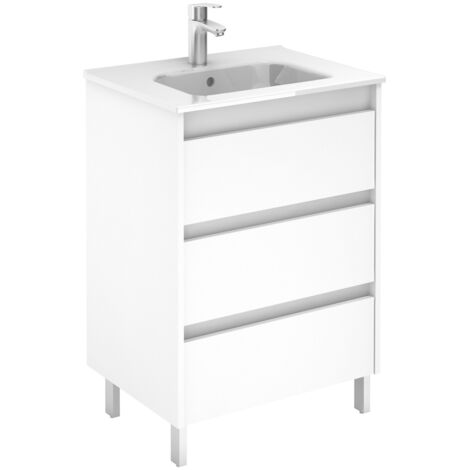 Ensemble de meubles de salle de bain avec 3 tiroirs compacts SANSA - ROYO Couleur : Blanc brillant - Options : Meuble + Lavabo - Dimensions : 60 cm