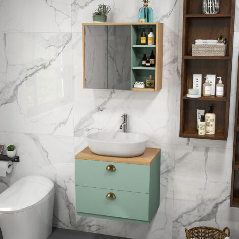 Ensemble de meubles de salle de bain avec étagères réglables 2 tiroirs design scandinave vert