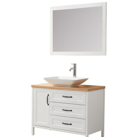 Ensemble de meubles de salle de bain blanc 100 cm – Miroir avec crochet – Vasque en porcelaine 58 cm – 3 tiroirs et porte – Wilsa Garden