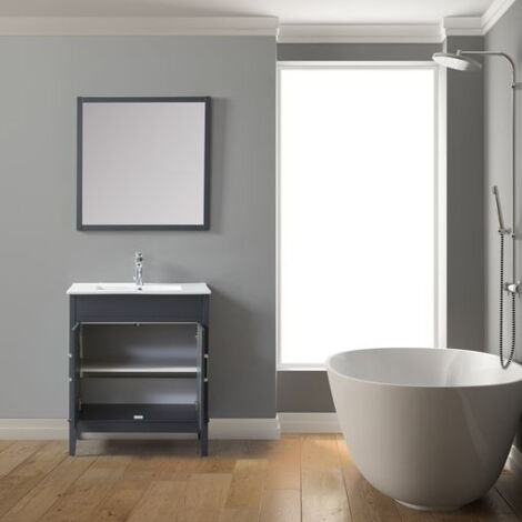 Ensemble de meubles de salle de bain bleu 75 cm – Meuble MDF avec vasque en porcelaine – Miroir inclus – Montage requis – Wilsa Garden