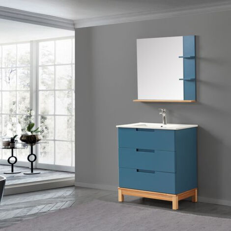 Ensemble de meubles de salle de bain bleu 80 cm – Meuble MDF avec 3 tiroirs – Miroir avec étagères – Vasque en porcelaine blanche – Wilsa Garden