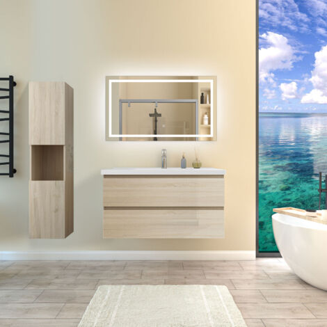 Ensemble de meubles de salle de bain Brillance Chêne 100cm, Vasque Céramique + 131.5cm Colonne + Miroir Lumineux avec 3 Couleurs