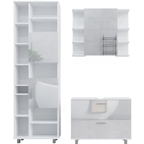 Ensemble de meubles de salle de bain Ilias, Blanc Haute brillance, 3 Teile, mit Hochschrank (en anglais), Vicco