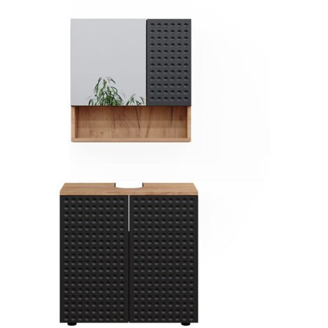 Ensemble Salle De Bain New-Luton En Chêne Anthracite - Meuble Double Vasque 140cm, Armoire Miroir LED, Placards Hauts - 7