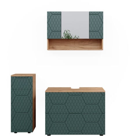 Ensemble de meubles de salle de bain Irma, Vert, 3 pièces, avec armoire à tiroirs et armoire middle, Vicco