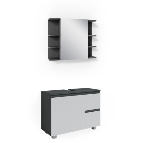Ensemble Meuble Salle De Bain Vicco J-shape, Anthracite/chêne, 4 Pièces, Neuf