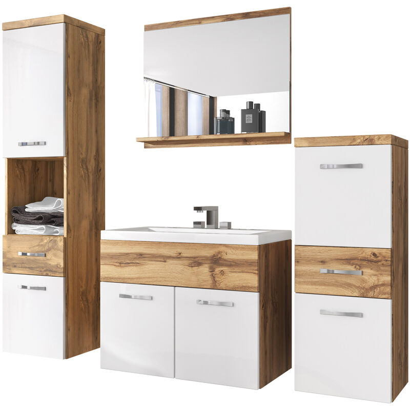 Selsey - Ensemble de meubles de salle de bain - kinsonin - Chêne Wotan / Blanc Brillant