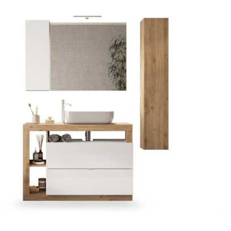 Ensemble de meubles de salle de bain L110 – Vasque céramique L50 x P14 cm – 2 tiroirs – 3 niches – Colonne L26 x H138 cm – Finition chêne clair et laqué blanc