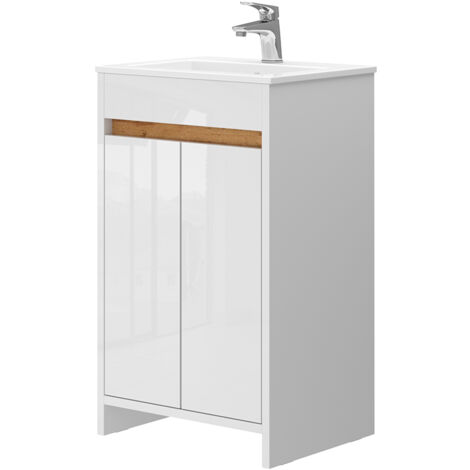 Ensemble de meubles de salle de bain Lemgo, Blanc Haute brillance, 2 parties, avec lavabo et 2 portes battantes, Vicco