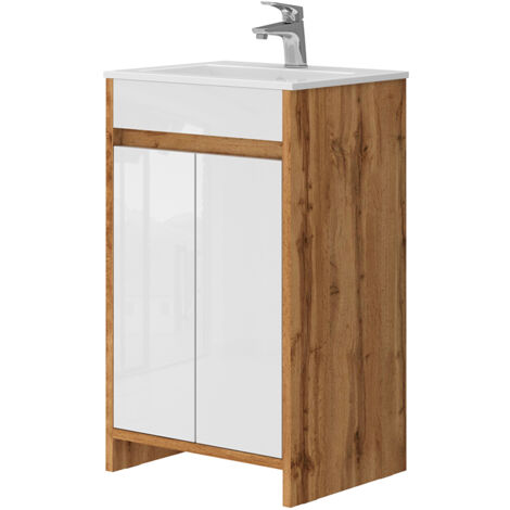 Ensemble de meubles de salle de bain Lemgo, Chêne de force doré, 2 parties, avec lavabo et 2 portes battantes, Vicco