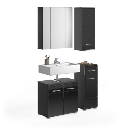 Ensemble de meubles de salle de bain : Meuble sous vasque + 2 demi colonnes + meuble de rangement avec miroirs – Noir laqué – KL