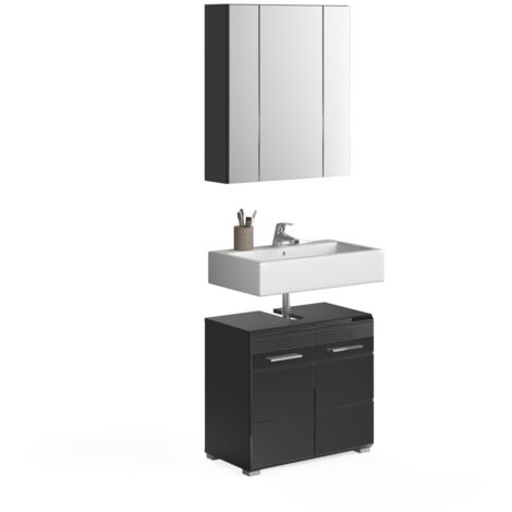 Ensemble de meubles de salle de bain : meuble sous vasque + armoire de rangement avec miroir – Noir laqué – KLEANKIN