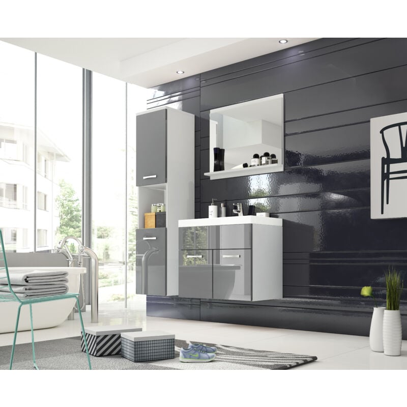 Ensemble de meubles de salle de bain MONTREAL, ensemble de meubles de salle de bain, petite salle de bain, lavabo inclus, couleur blanc/gris brillant