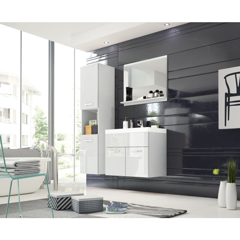 Ensemble de meubles de salle de bain MONTREAL, ensemble de meubles de salle de bain, petite salle de bain, lavabo inclus, couleur blanc/blanc brillant
