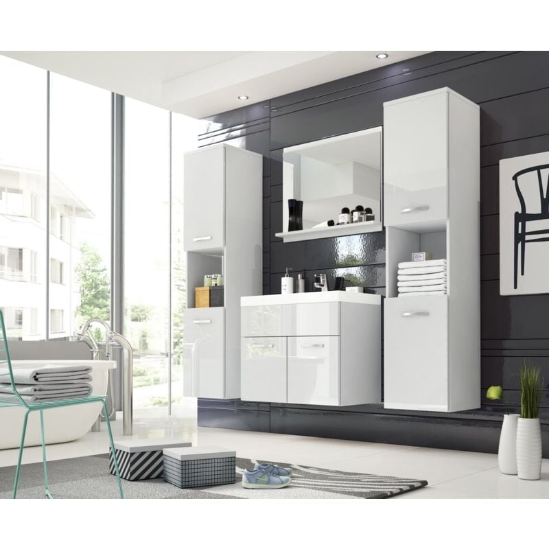 Bratex - Ensemble de meubles de salle de bain montreal xl, ensemble de meubles de salle de bain, lavabo inclus, blanc/blanc brillant