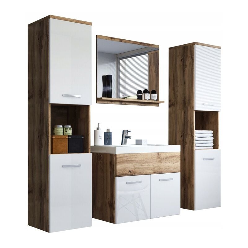 Bratex - Ensemble de meubles de salle de bain montreal xl, ensemble de meubles de salle de bain, lavabo inclus, couleur wotan/blanc brillant