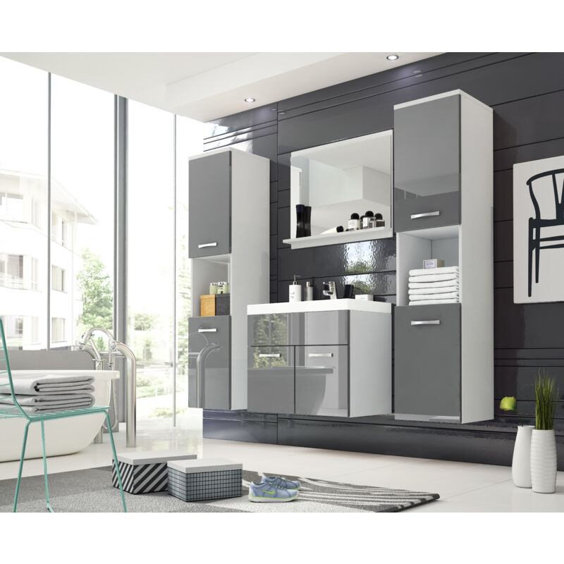 Bratex - Ensemble de meubles de salle de bain montreal xl, ensemble de meubles de salle de bain, lavabo inclus, blanc/gris brillant