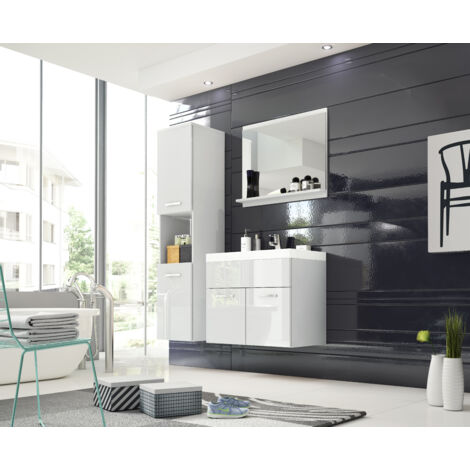 Ensemble de meubles de salle de bain MONTREAL, ensemble de meubles de salle de bain, petite salle de bain, lavabo inclus, couleur blanc/blanc brillant