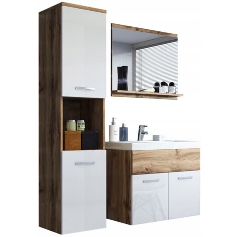 Ensemble de meubles de salle de bain MONTREAL, ensemble de meubles de salle de bain, petite salle de bain, lavabo inclus, couleur wotan/blanc brillant