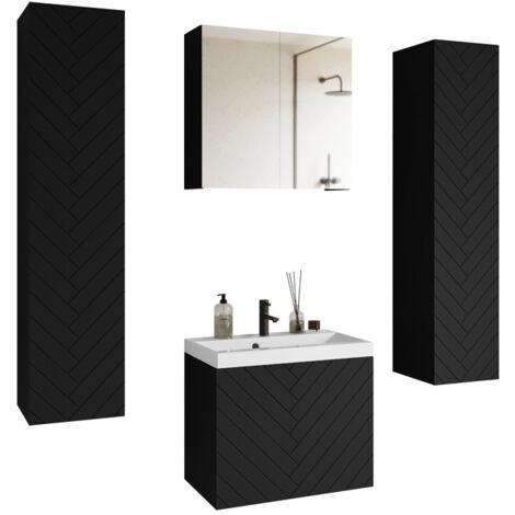 Ensemble de meubles de salle de bain NICEA XL, jeu de meubles de salle de bain, lavabo inclus, couleur noir mat à chevrons