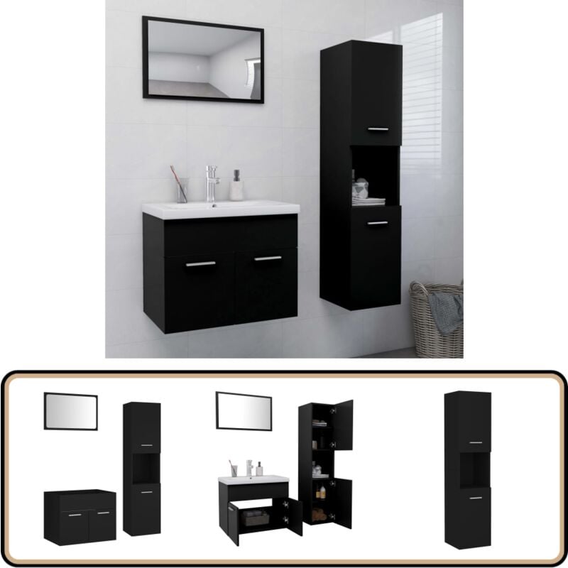 Ensemble de meubles de salle de bain Noir Bois d'ingénierie - Meuble De Salle De Bain - Ensemble Salle De Bain - Rangement Salle De Bain - Vanity