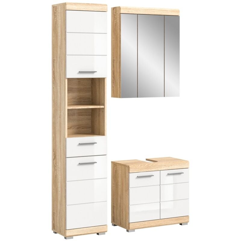 Meublorama - Ensemble de meubles de salle de bain ridley – Meuble sous vasque, colonne et rangement avec miroir – Blanc et chêne clair