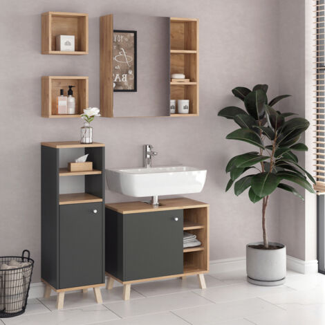 Ensemble de meubles de salle de bain Senyo, Anthracite, 4 pièces, avec armoire suspendue, Vicco