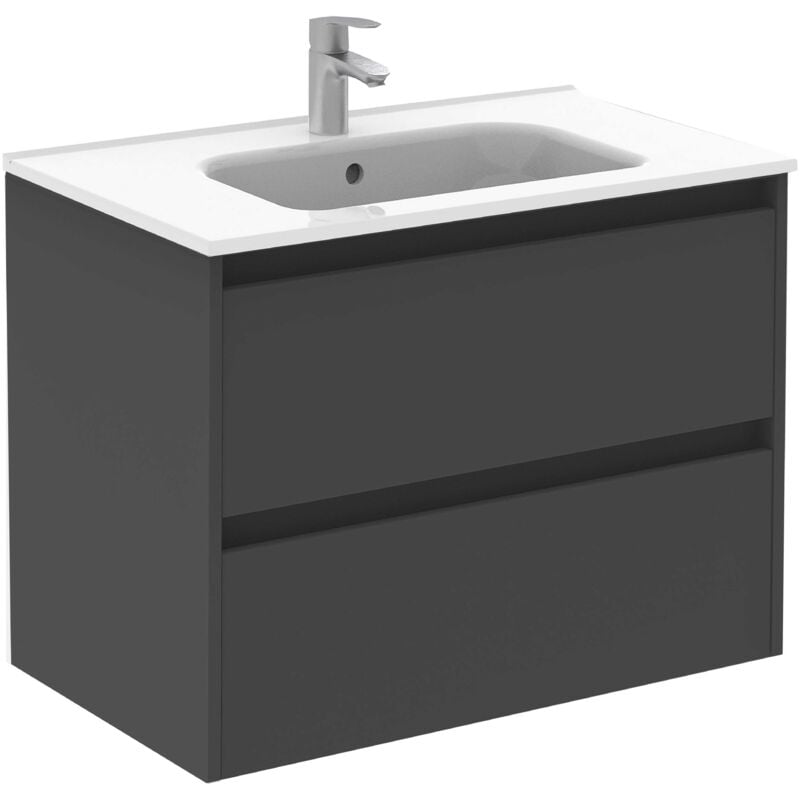 Ensemble de meubles de salle de bains avec 2 tiroirs compacts sansa Royo Couleur : Anthracite brillant - Options : Ensemble complet - Taille : 80 cm