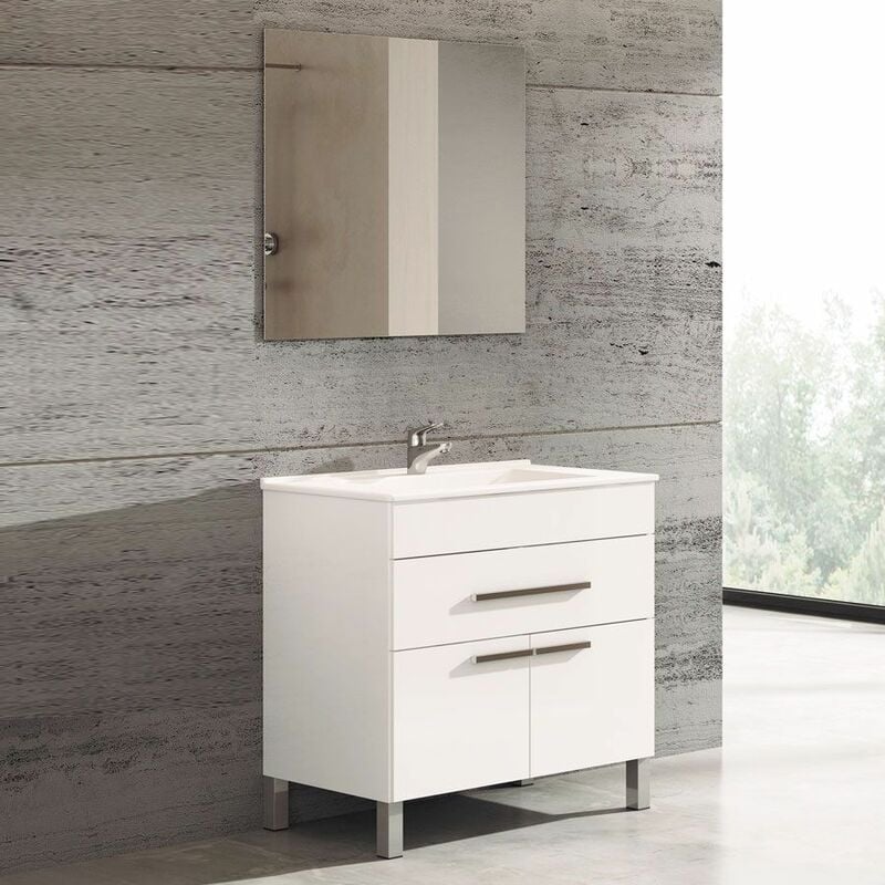 Tegler - Ensemble de meubles de salle de bains Bahia avec lavabo et miroir. Livré assemblé 75CM Blanc brillant