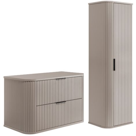Ensemble de meubles de salle de bains - Beige Mat  80/52/41 cm &amp 35/139/31 cm  Meubles sous-vasque, meubles de salle de bains, armoire haute, armoire de salle de bains, armoire de salle de bains