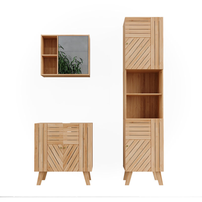 Ensemble de meubles de salle de bain Lucie, Bambou, 3 pièces, avec armoire haute, Vicco