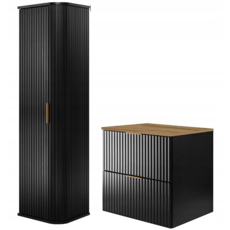 Ensemble de meubles de salle de bains - Noir Mat - Chêne Craft  60/57/46 cm &amp 35/139/31 cm  Meubles sous-vasque, meubles de salle de bains, armoire haute, armoire de salle de bains