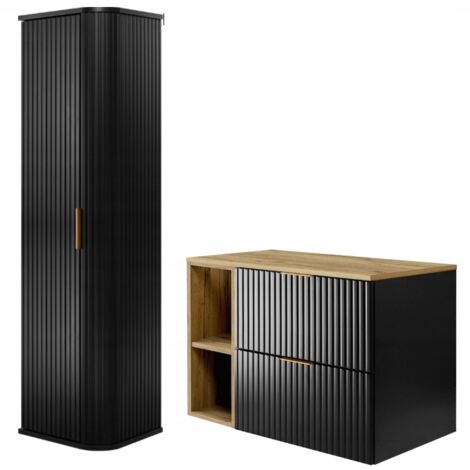 Ensemble de meubles de salle de bains - Noir Mat - Chêne Craft  80/57/46 cm &amp 35/139/31 cm  Meubles sous-vasque, meubles de salle de bains, armoire haute, armoire de salle de bains