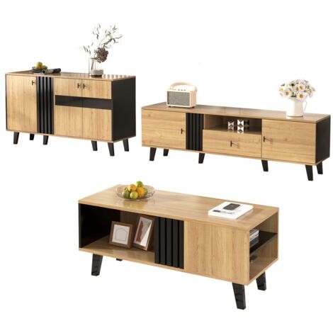 Ensemble de meubles de salon 3 pièces (table basse + meuble TV + buffet) - bois & noir - rangement spacieux & design moderne