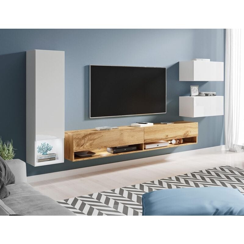 Ensemble de meubles de salon amadeo, ensemble de meubles de salon, sans éclairage led, couleur wotan/blanc brillant