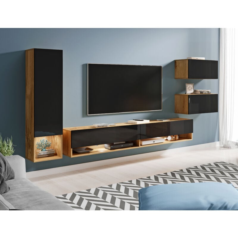 Ensemble de meubles de salon amadeo, ensemble de meubles de salon, sans éclairage led, couleur wotan/noir brillant