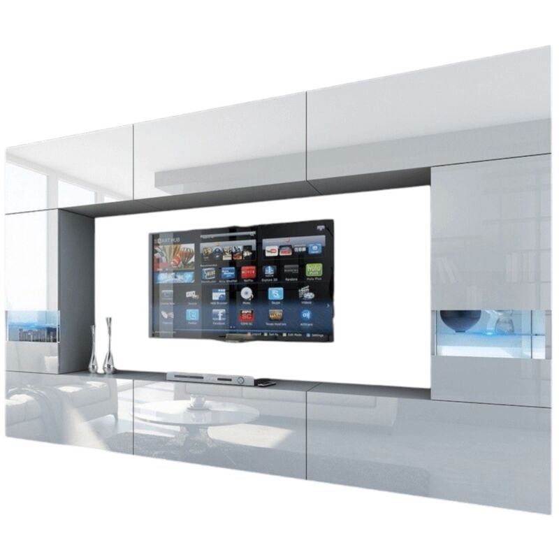 Ensemble de meubles de salon blanc, suspendus collection CEPTO XXIX. 249cm, 8 meubles, leds, modulables.
