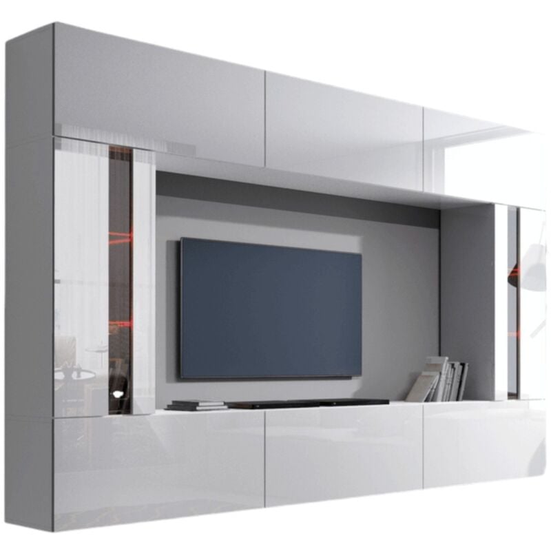 Ensemble de meubles de salon blanc, suspendus collection cepto xxviii. 249cm, 8 meubles, leds, modulables.