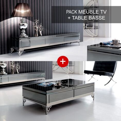 Ensemble de meubles de salon – meuble télé 160 x 40 x 40 cm et table basse 120 x 65 x 40 cm – Verre fumé noir et métal chromé – Style baroque – Meubler Design