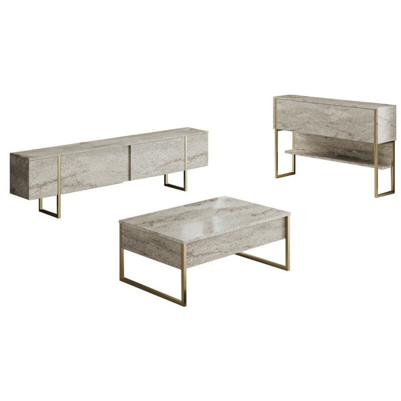 Ensemble de meubles de salon moderne avec meuble TV, console et table basse Sibylle Bois Effet travertin et Métal Or Ensemble de meubles de salon moderne avec meuble TV, console et table basse Sibylle Bois Effet travertin et Métal Or
