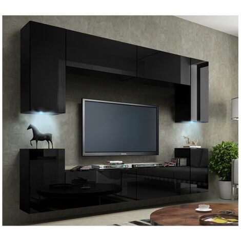 Ensemble de meubles de salon noir suspendus collection CEPTO I 240cm, 8 portes, 6 étagères, leds