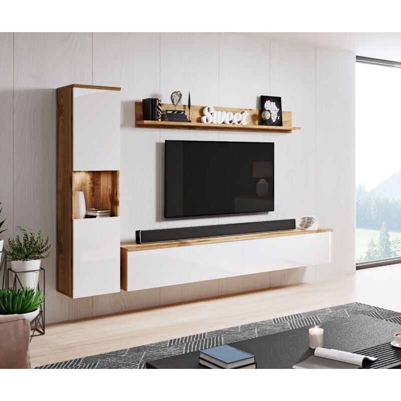 Ensemble de meubles de salon Paris, sans éclairage led, jeu de meubles de salon, meubles de salon modernes (wotan/blanc brillant)