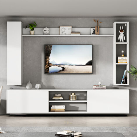 Ensemble de meubles de salon, un meuble TV, une étagère sur pied et 2 étagères murales, blanc