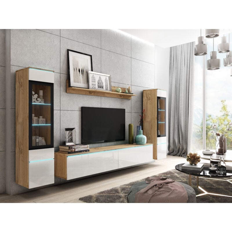 Ensemble de meubles de salon vera ii, ensemble de meubles de salon, éclairage led inclus, couleur wotan/blanc brillant