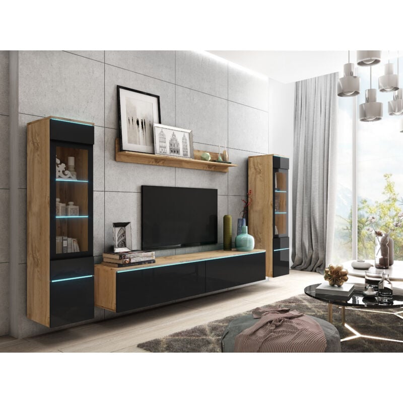 Ensemble de meubles de salon vera ii, ensemble de meubles de salon, sans éclairage led, couleur wotan/noir brillant